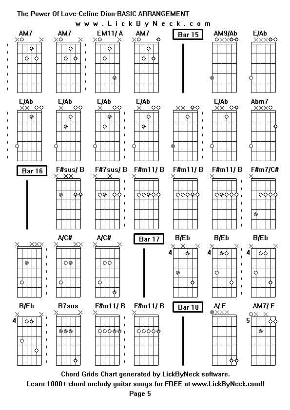 Chord Grids Chart of chord melody fingerstyle guitar song-The Power Of Love-Celine Dion-BASIC ARRANGEMENT,generated by LickByNeck software.